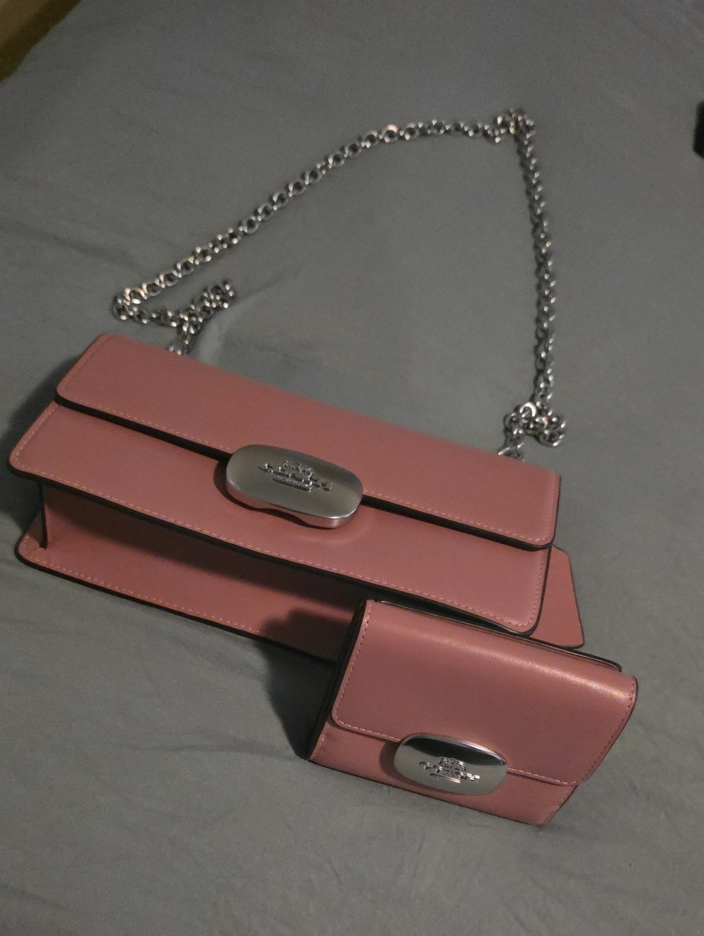 Coach Pink Leather Chain Crossbody Bag with Matching Wallet